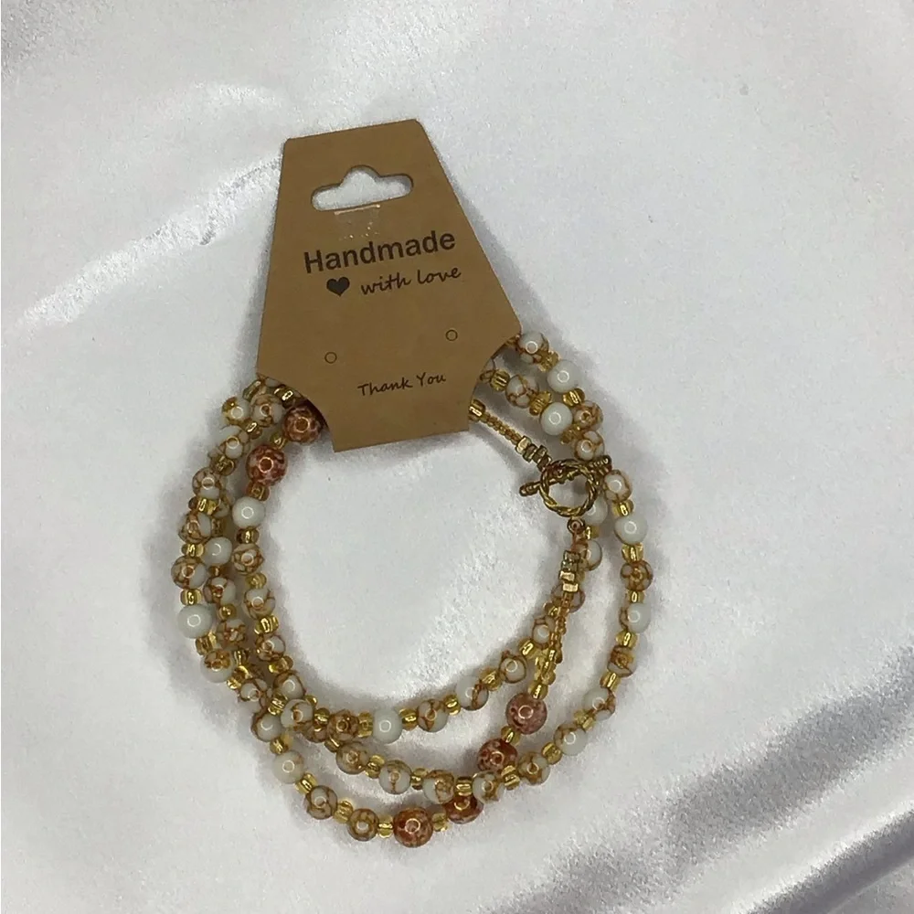 Handmade White and Gold Beaded Necklace, Earring, & Bracelet Set